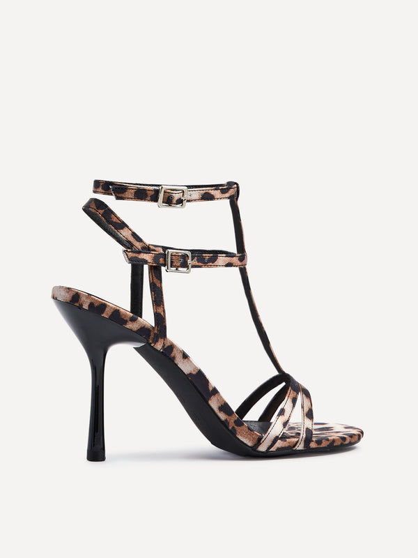 Linzi Leopard Print T-Bar Strappy Stiletto Heels