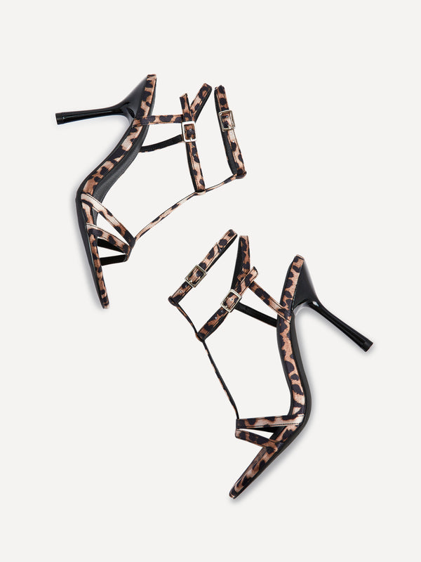 Linzi Leopard Print T-Bar Strappy Stiletto Heels