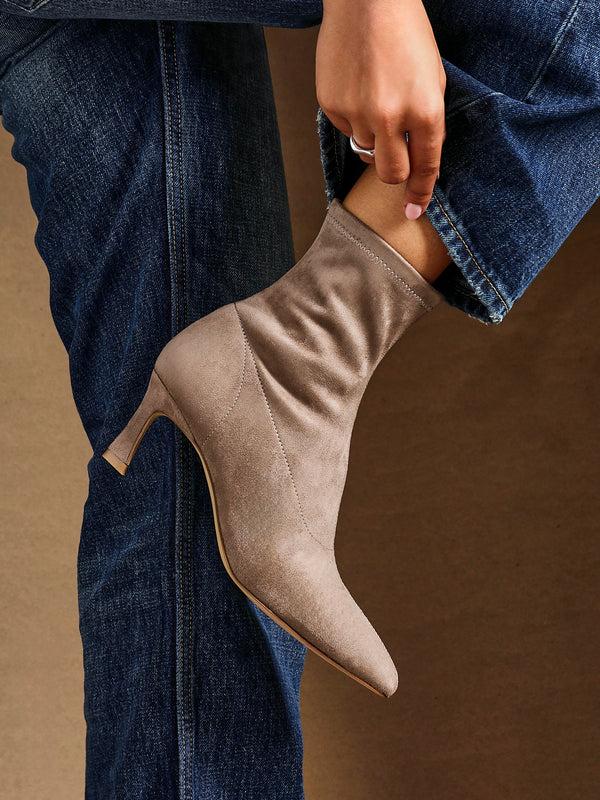 linzi Mocha Faux Suede Kitten Heel Sock Ankle Boot