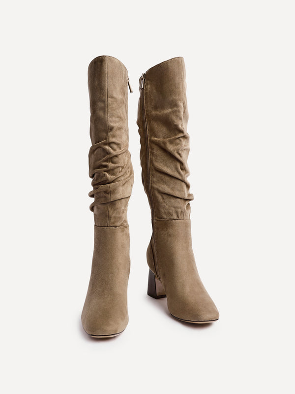 Linzi Mocha Faux Suede Ruched Long Boot
