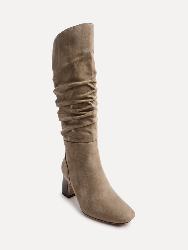 Linzi Mocha Faux Suede Ruched Long Boot