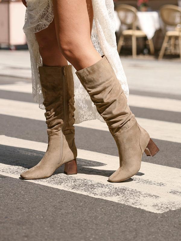 linzi Mocha Faux Suede Ruched Long Boot