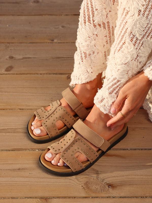 linzi Mocha Nubuck Studded Linked Design Sandal