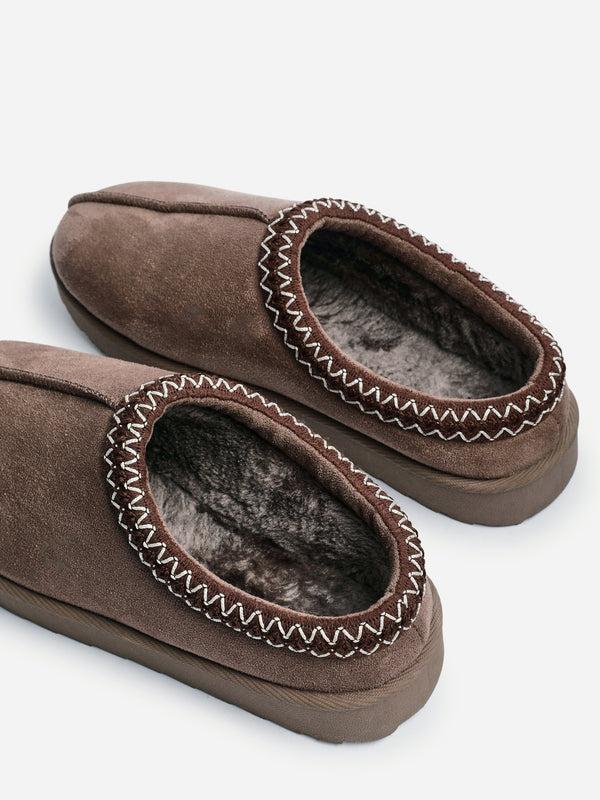 Linzi Mocha Suede Slipper With Aztec Detail