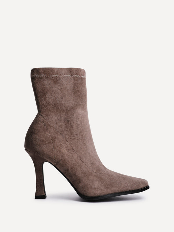Linzi Mocha Suede Square Toe Heeled Sock Boot