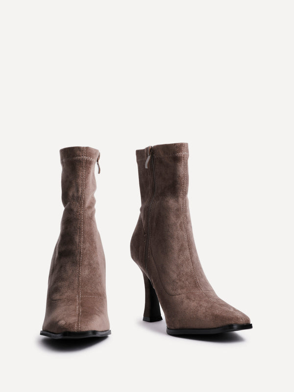 Linzi Mocha Suede Square Toe Heeled Sock Boot