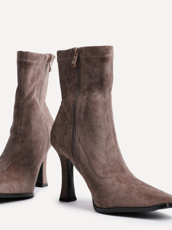 Linzi Mocha Suede Square Toe Heeled Sock Boot