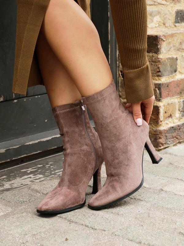 linzi Mocha Suede Square Toe Heeled Sock Boot