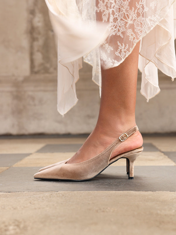 linzi Mocha Velvet Pointed Slingback Court Heels