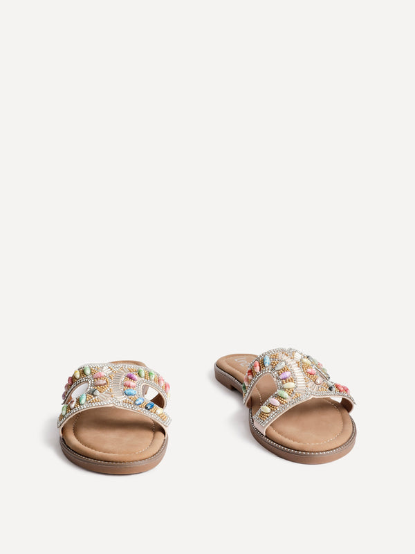 Linzi Multi Beaded Diamante Flat Slider Sandal