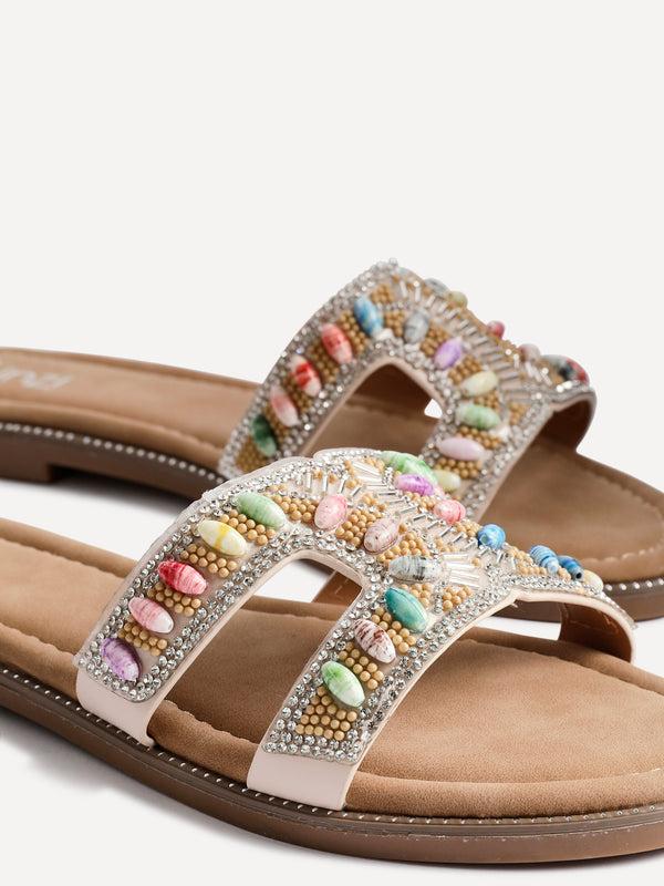Linzi Multi Beaded Diamante Flat Slider Sandal
