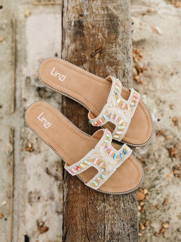 linzi Multi Beaded Diamante Flat Slider Sandal
