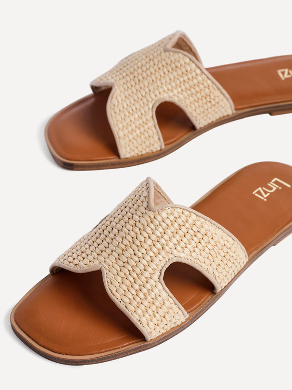 Linzi Natural Raffia Link Design Flat Sandal