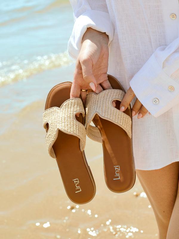 linzi Natural Raffia Link Design Flat Sandal
