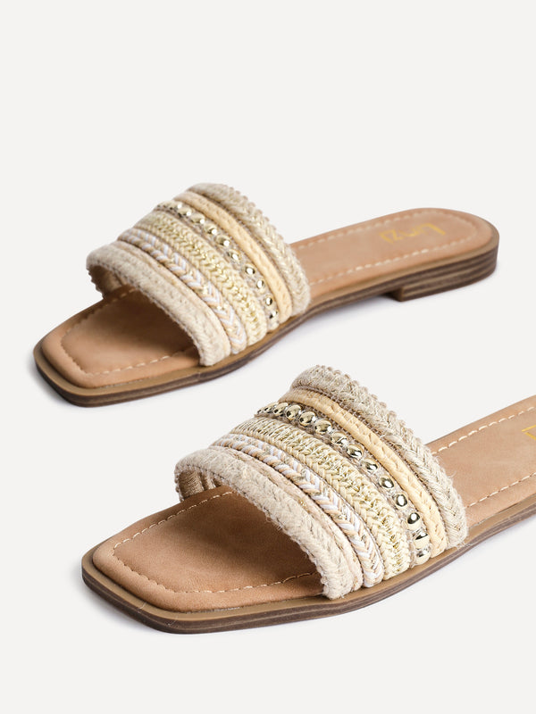 Linzi Natural Woven Embellished Flat Sandals