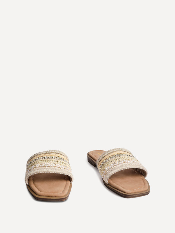 Linzi Natural Woven Embellished Flat Sandals