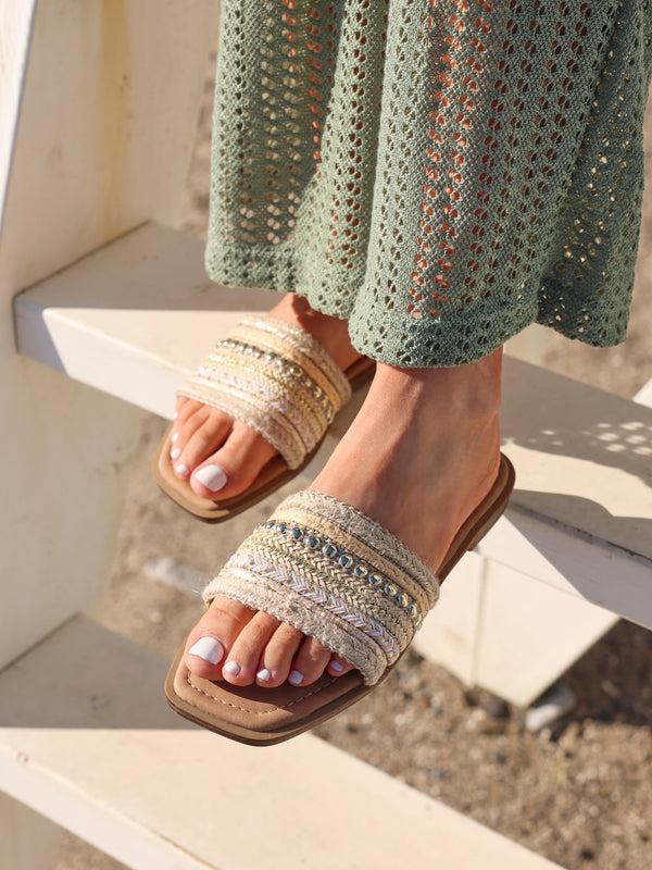 linzi Natural Woven Embellished Flat Sandals
