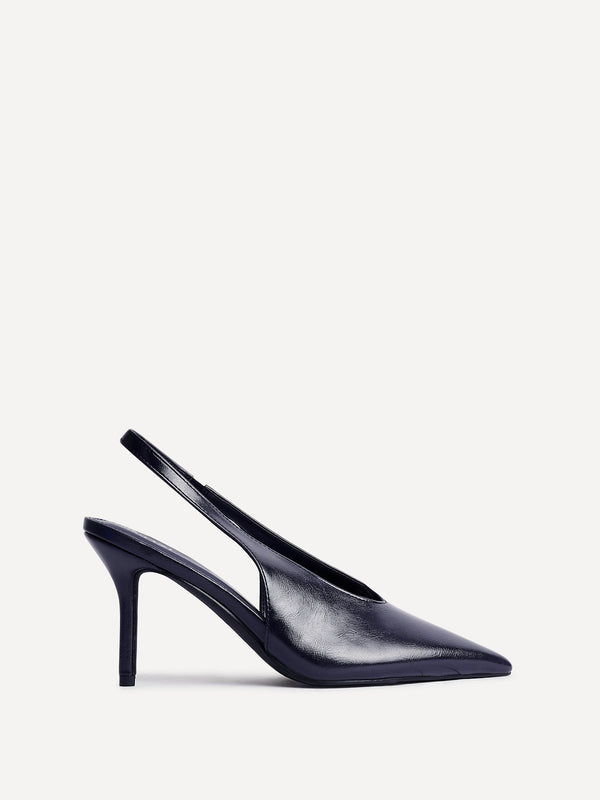 Linzi Navy Faux Leather Sling Back Court Heels
