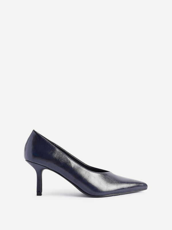 Linzi Navy Faux Leather V-Cut Vamp Court Heels
