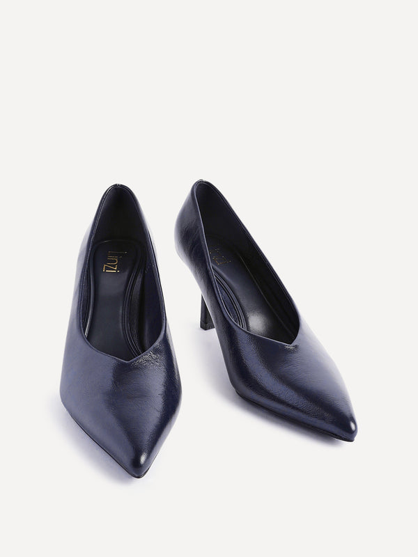Linzi Navy Faux Leather V-Cut Vamp Court Heels