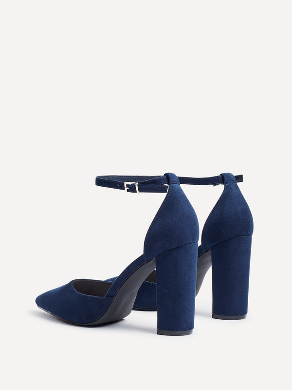 Linzi Navy Faux Suede Block Heeled Court Shoe