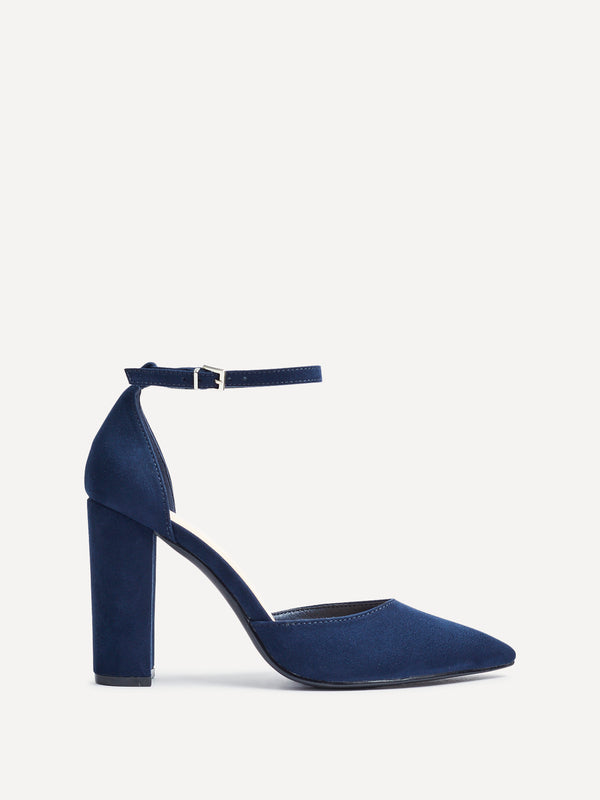 linzi Navy Faux Suede Block Heeled Court Shoe