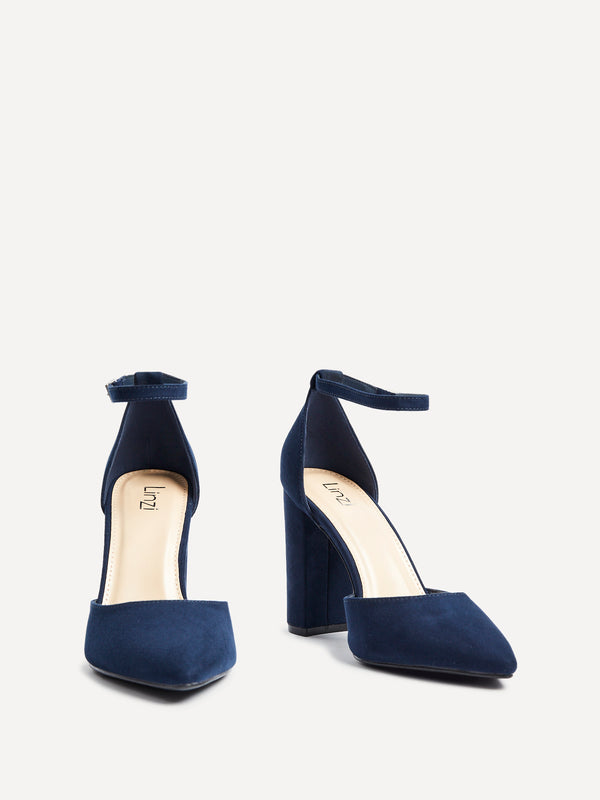 Linzi Navy Faux Suede Block Heeled Court Shoe