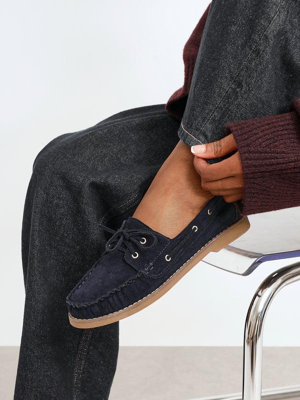 linzi Navy Faux Suede Boat Shoes
