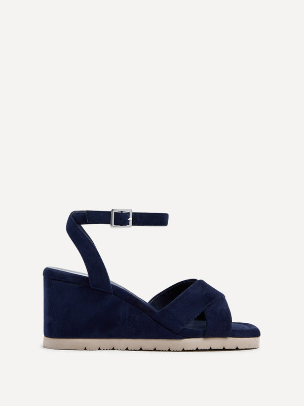 Linzi Navy Faux Suede Covered Crossover Wedge