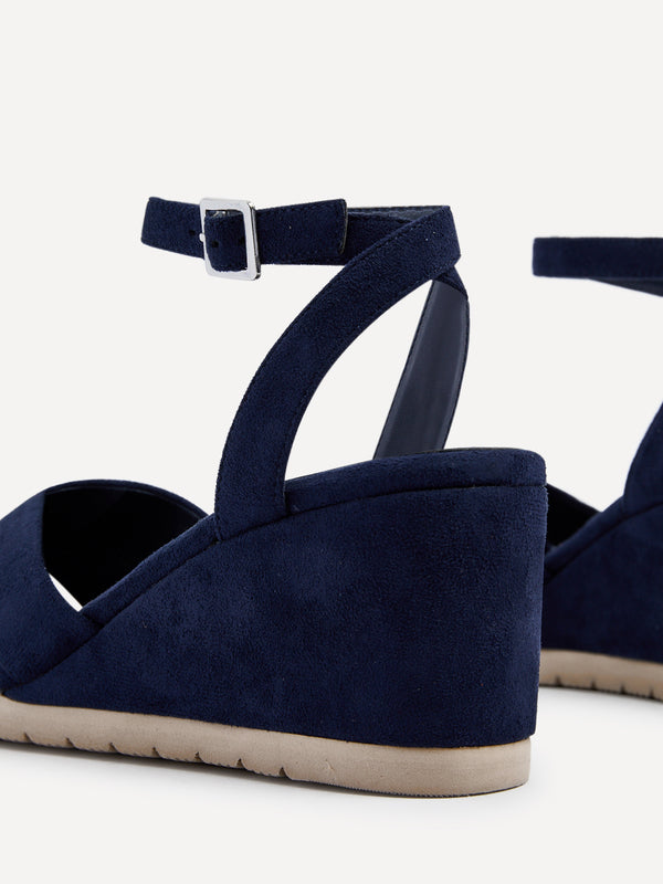 Linzi Navy Faux Suede Covered Crossover Wedge