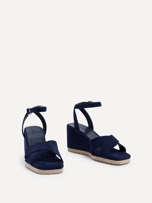 Linzi Navy Faux Suede Covered Crossover Wedge