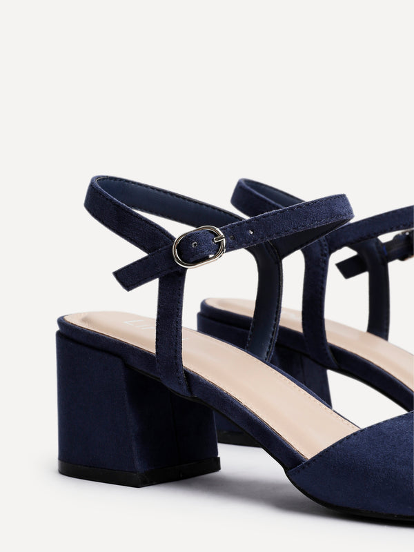 Linzi Navy Faux Suede Low Block Heeled Sandals