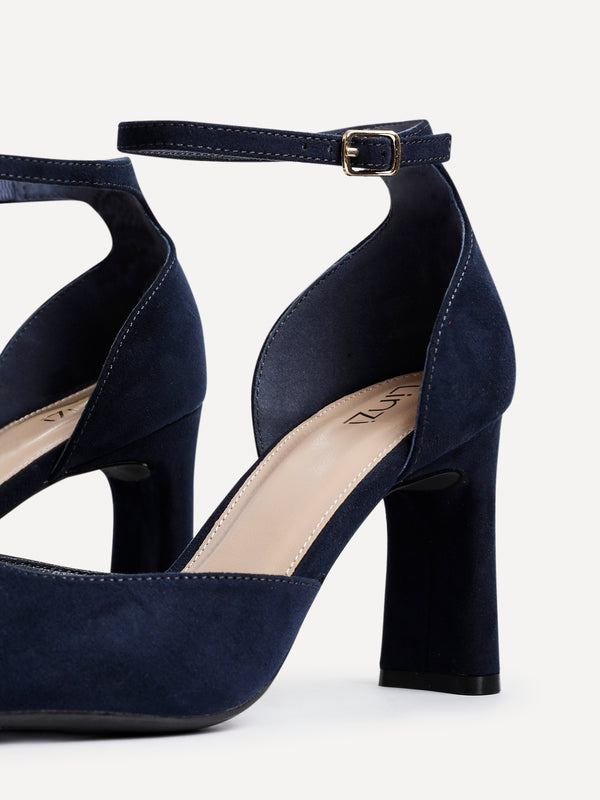 Linzi Navy Faux Suede Square Toe Court Heel
