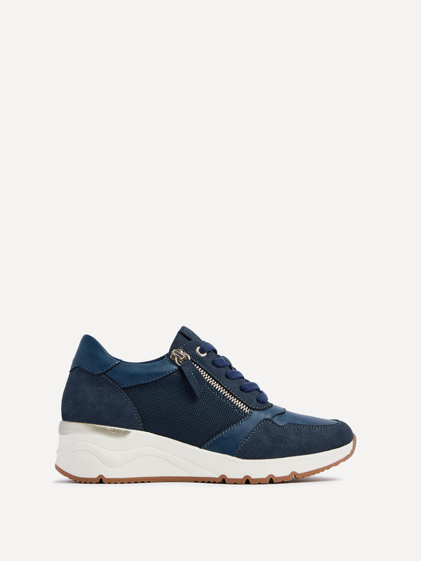 linzi Navy Wedge Trainer With Mesh & Zip Detail