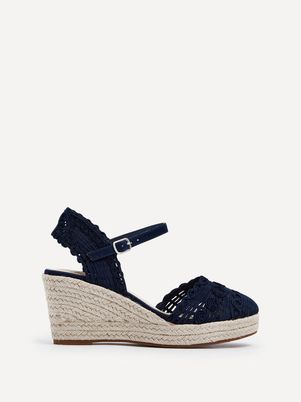 Linzi Navy Woven Closed Toe Espadrille Wedge