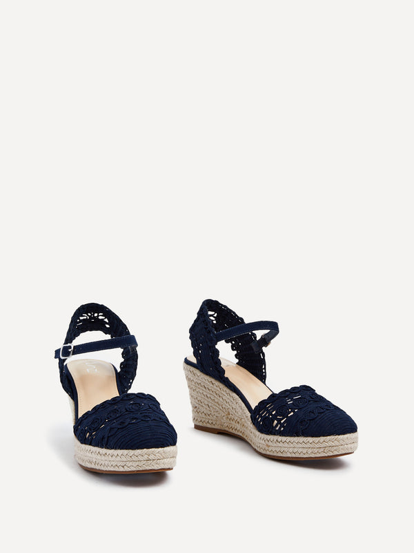 Linzi Navy Woven Closed Toe Espadrille Wedge