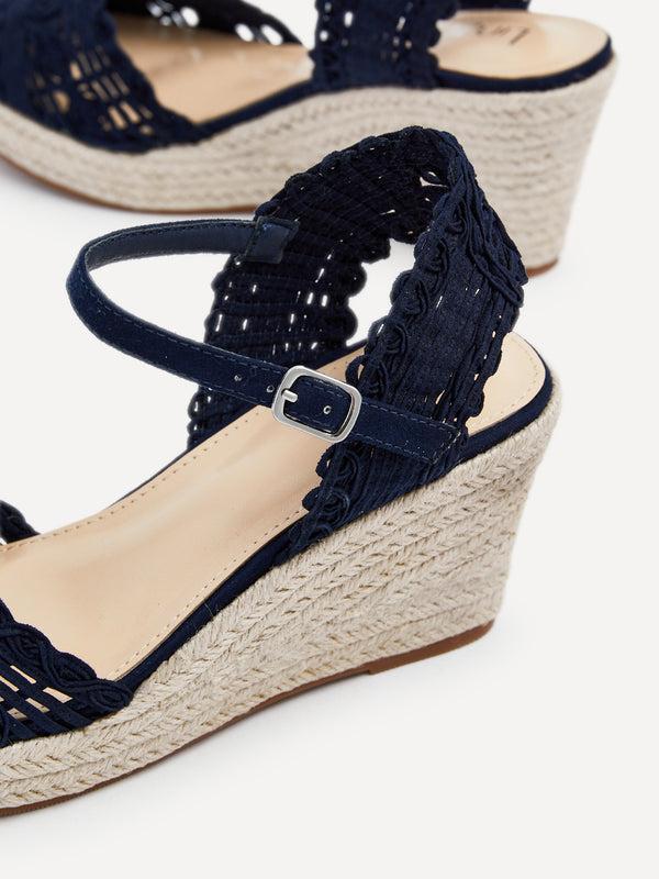 Linzi Navy Woven Closed Toe Espadrille Wedge