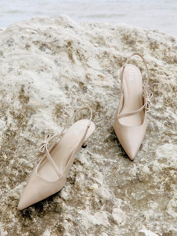 linzi Nude Faux Leather Court Heel With Bow Detail