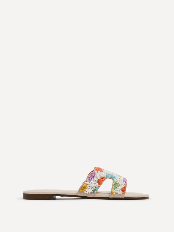 Linzi Nude Faux Leather Embellished Slider Sandal