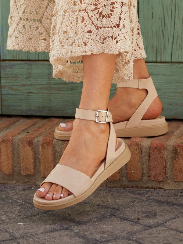 linzi Nude Faux Leather Footbed Flatform Sandals