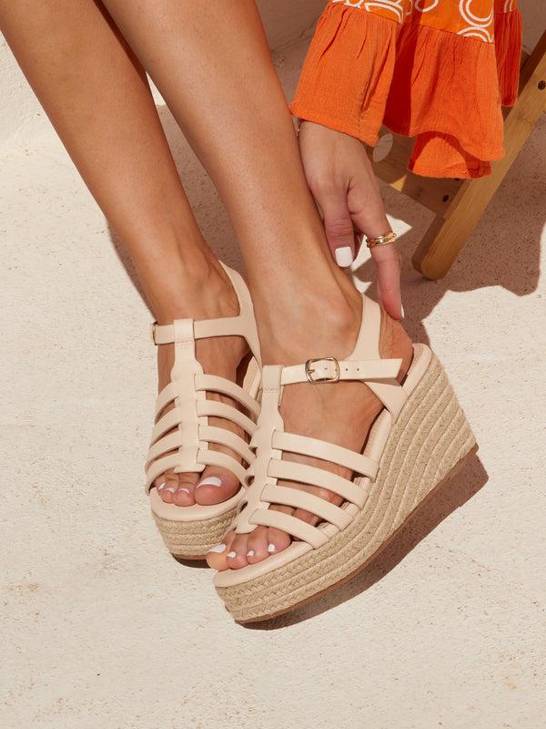 linzi Nude Faux Leather Gladiator Wedges