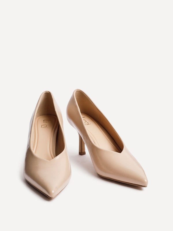 Linzi Nude Faux Leather V-Cut Vamp Court Heels