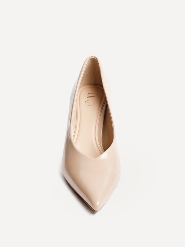 Linzi Nude Faux Leather V-Cut Vamp Court Heels