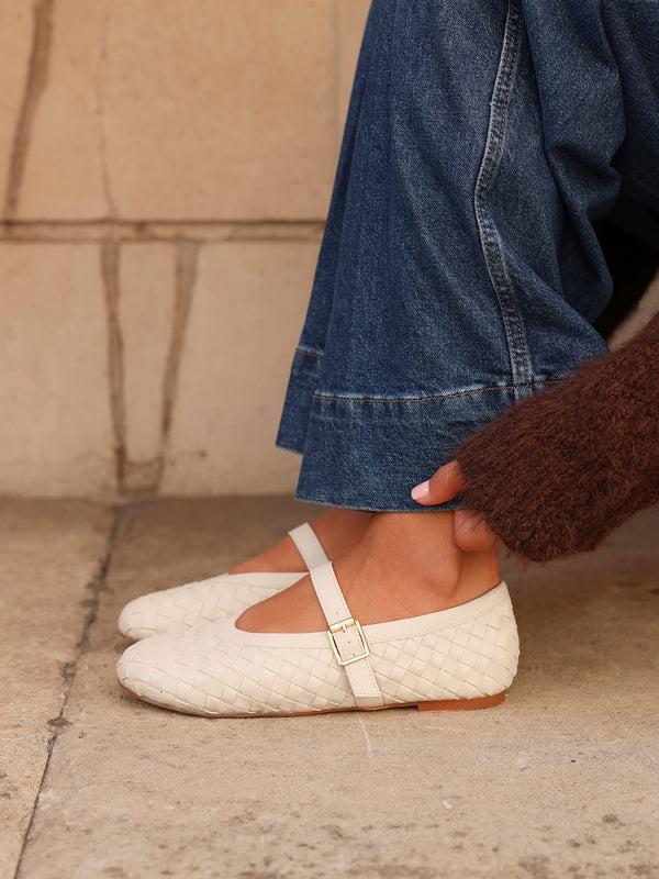 linzi Nude Faux Leather Woven Mary Jane Pump