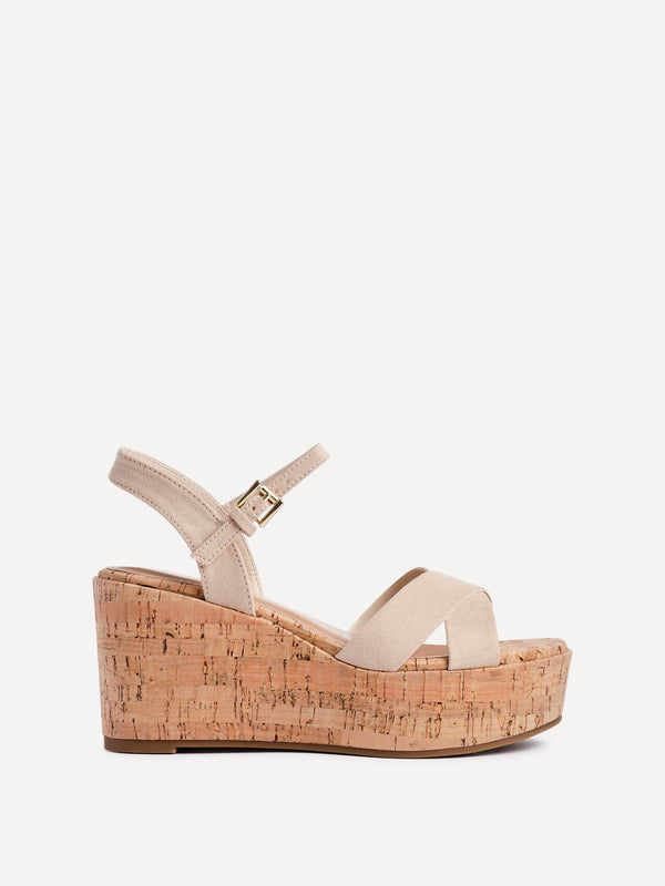 Linzi Nude Faux Suede Crossover Cork Wedge