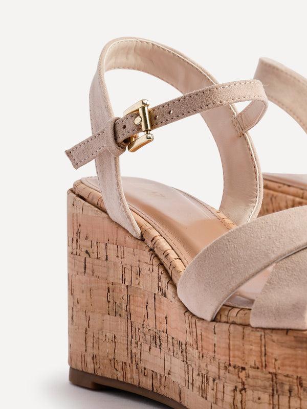 Linzi Nude Faux Suede Crossover Cork Wedge