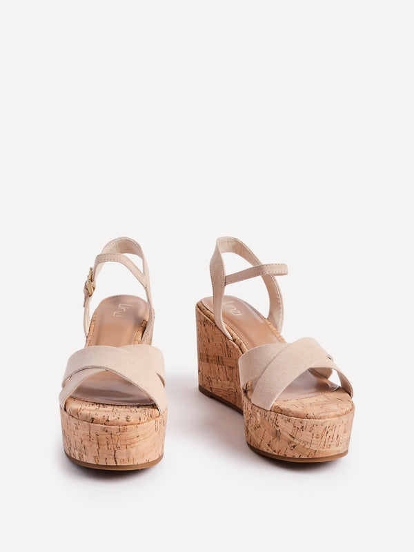Linzi Nude Faux Suede Crossover Cork Wedge