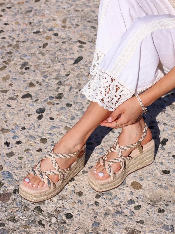 linzi Nude Faux Suede Plaited Flatform Wedge