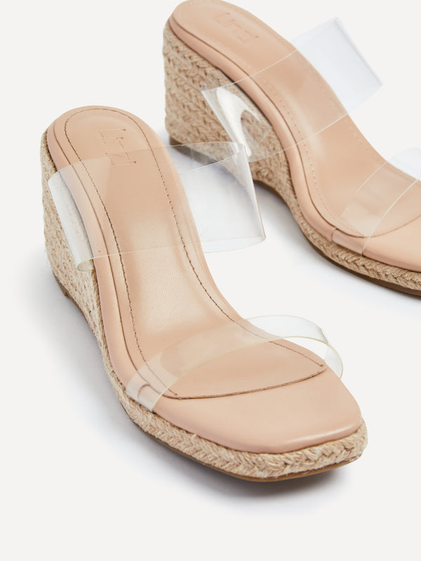 Linzi Nude Perspex Double Strap Rope Wedge