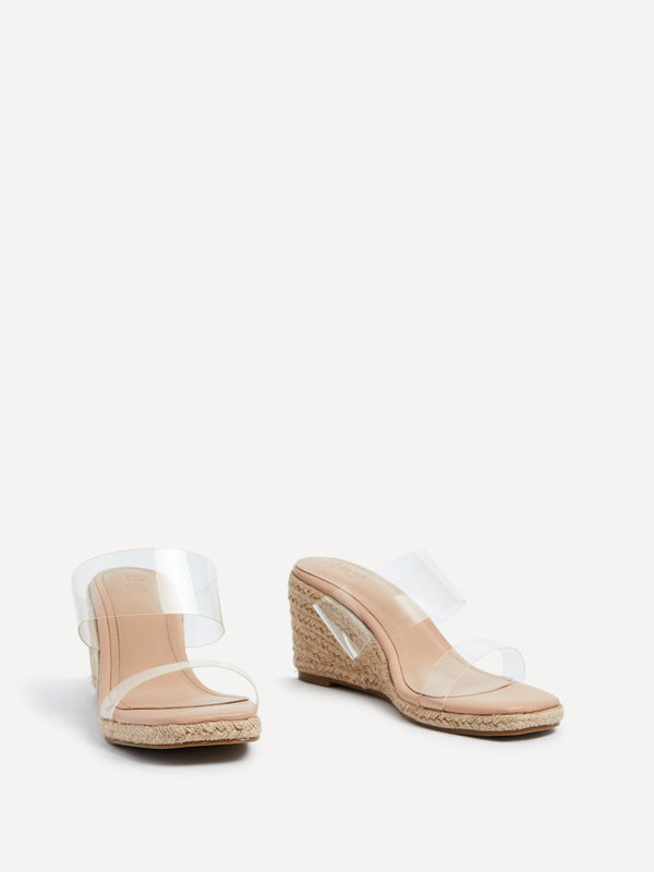 Linzi Nude Perspex Double Strap Rope Wedge
